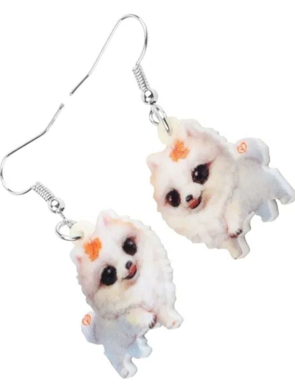 Hand Crafted White Puppy Pomeranian Dangle Earrings